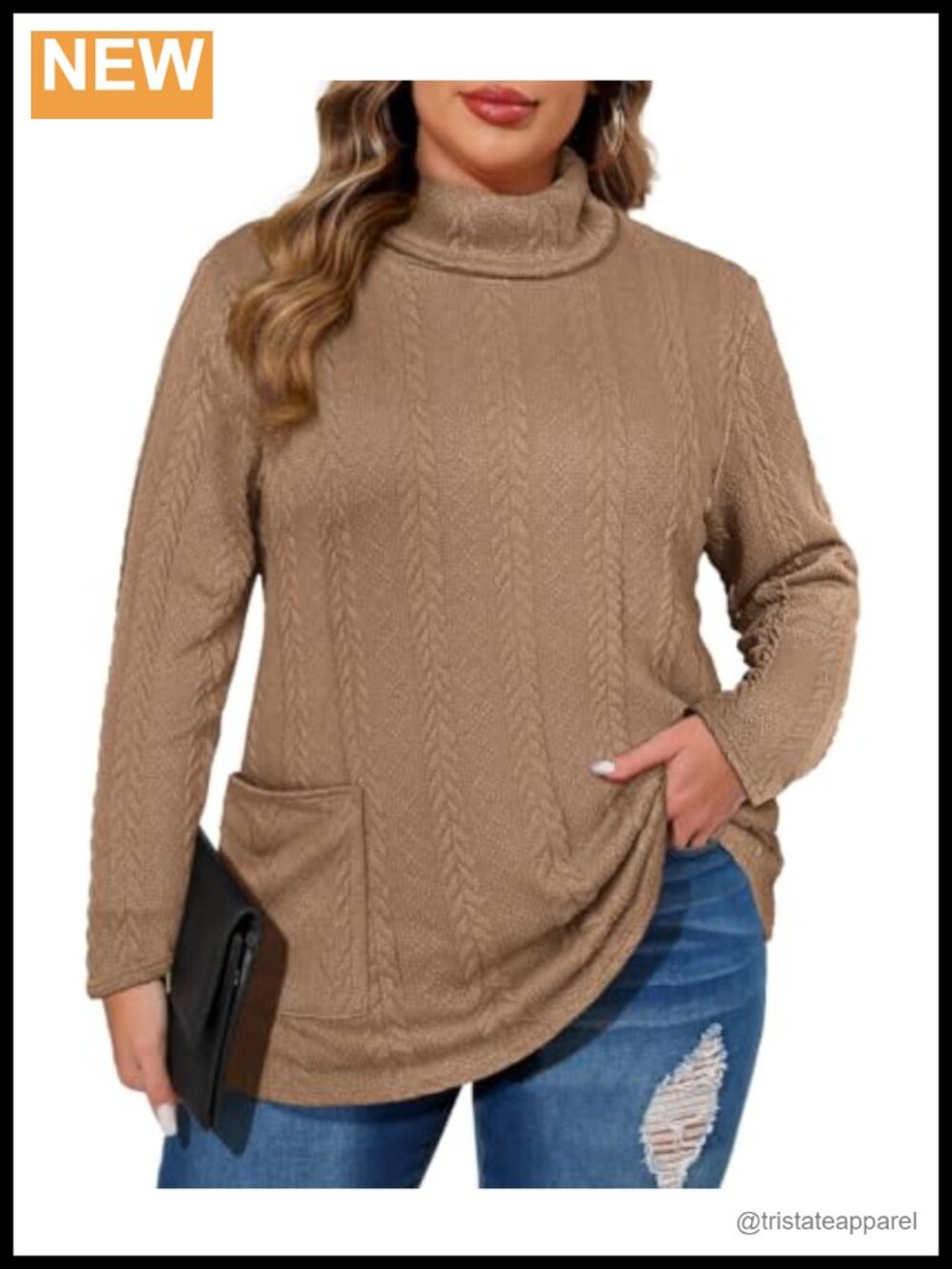 Plus Size Cable Knit Turtleneck Sweater with Pockets, Lightweight 98% Polyester